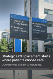 Concept image showing healthcare decision environments such as hospitals, urgent care corridors, and radiology networks, representing proximity based out of home advertising and patient decision point media strategy.