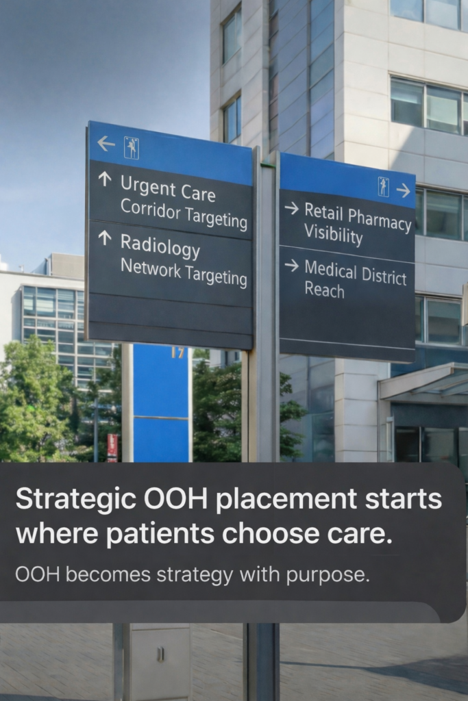 Concept image showing healthcare decision environments such as hospitals, urgent care corridors, and radiology networks, representing proximity based out of home advertising and patient decision point media strategy.